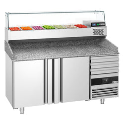 Stół chłodniczy do pizzy PREMIUM - 1600x800mm - z blatem granitowym - 2‑drzwiowy, 3 szuflady - z nadstawką chłodniczą z osłoną szklaną - 6x GN 1/3