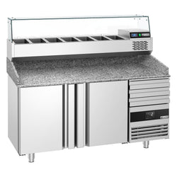 Stół chłodniczy do pizzy PREMIUM - 1600x800mm - z blatem granitowym - 2‑drzwiowy, 3 szuflady - z nadstawką chłodniczą z osłoną szklaną - 6x GN 1/3