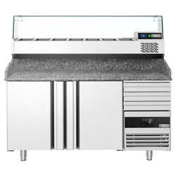 Stół chłodniczy do pizzy PREMIUM - 1600x800mm - z blatem granitowym - 2‑drzwiowy, 3 szuflady - z nadstawką chłodniczą z osłoną szklaną - 6x GN 1/3