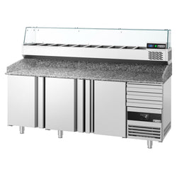 Stół chłodniczy do pizzy PREMIUM - 2150x800mm - z blatem granitowym - 3‑drzwiowy, 3 szuflady - z nadstawką chłodniczą z osłoną szklaną - 10x GN 1/3