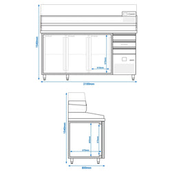 Stół chłodniczy do pizzy PREMIUM - 2150x800mm - z 3 drzwiami & 3 szufladami - włącznie z witryną chłodniczą nadstawną - 10x GN 1/3