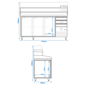 Stół chłodniczy do pizzy PREMIUM - 2150x800mm - z 3 drzwiami & 3 szufladami - włącznie z witryną chłodniczą nadstawną- 10x GN 1/3 - Prime Gastro