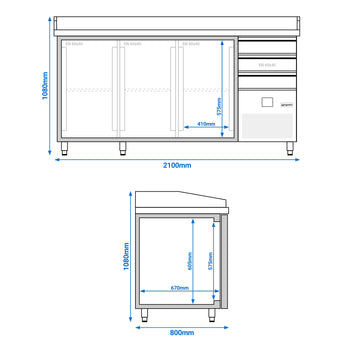 Stół chłodniczy do pizzy PREMIUM - 2150x800 mm - z 3 drzwiami i 3 szufladami - Prime Gastro