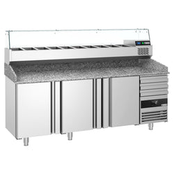 Stół chłodniczy do pizzy PREMIUM - 2150x800mm - z blatem granitowym - 3‑drzwiowy, 3 szuflady - z nadstawką chłodniczą z osłoną szklaną - 10x GN 1/3