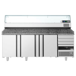 Stół chłodniczy do pizzy PREMIUM - 2150x800mm - z blatem granitowym - 3‑drzwiowy, 3 szuflady - z nadstawką chłodniczą z osłoną szklaną - 10x GN 1/3
