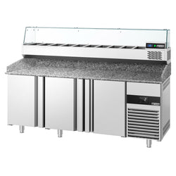 Stół chłodniczy do pizzy PREMIUM - 2100x800mm - z blatem granitowym - 3‑drzwiowy - z nadstawką chłodniczą z osłoną szklaną - 10x GN 1/3