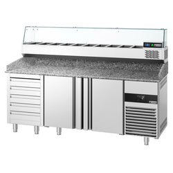 Stół chłodniczy do pizzy PREMIUM - 2100x800mm - z blatem granitowym - 2‑drzwiowy, 5 szuflad - z nadstawką chłodniczą z osłoną szklaną - 10x GN 1/3