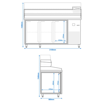 Stół chłodniczy do pizzy PREMIUM - 2100x800mm - z 3 drzwiami - włącznie z witryną chłodniczą nadstawną - 10x GN 1/3 - Prime Gastro