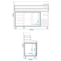 Stół chłodniczy do pizzy PREMIUM - 2100x800mm - z 2 drzwiami & 5 szufladami - włącznie z witryną chłodniczą nadstawną - 10x GN 1/2