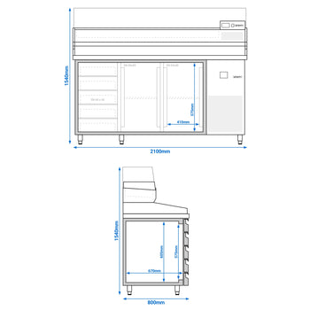 Stół chłodniczy do pizzy PREMIUM - 2100x800mm - z 2 drzwiami & 5 szufladami - włącznie z witryną chłodniczą nadstawną - 10x GN 1/2 - Prime Gastro