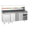 Stół chłodniczy do pizzy PREMIUM - 2100x800mm - z blatem granitowym - 2‑drzwiowy, 5 szuflad - z nadstawką chłodniczą z osłoną szklaną - 10x GN 1/3