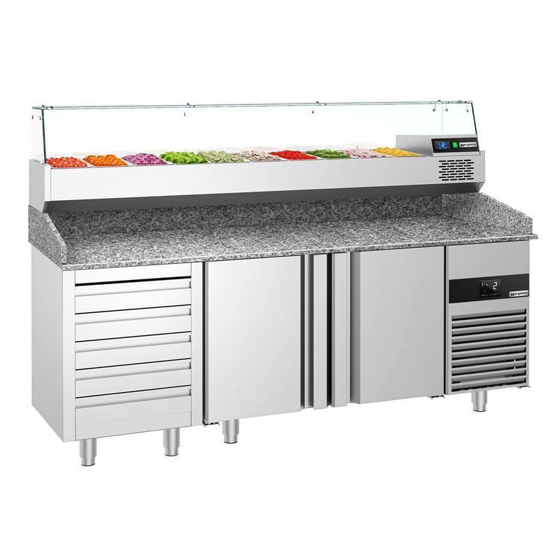 Stół chłodniczy do pizzy PREMIUM - 2100x800mm - z blatem granitowym - 2‑drzwiowy, 5 szuflad - z nadstawką chłodniczą z osłoną szklaną - 10x GN 1/3