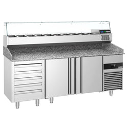 Stół chłodniczy do pizzy PREMIUM - 2100x800mm - z blatem granitowym - 2‑drzwiowy, 5 szuflad - z nadstawką chłodniczą z osłoną szklaną - 10x GN 1/3