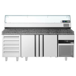 Stół chłodniczy do pizzy PREMIUM - 2100x800mm - z blatem granitowym - 2‑drzwiowy, 5 szuflad - z nadstawką chłodniczą z osłoną szklaną - 10x GN 1/3