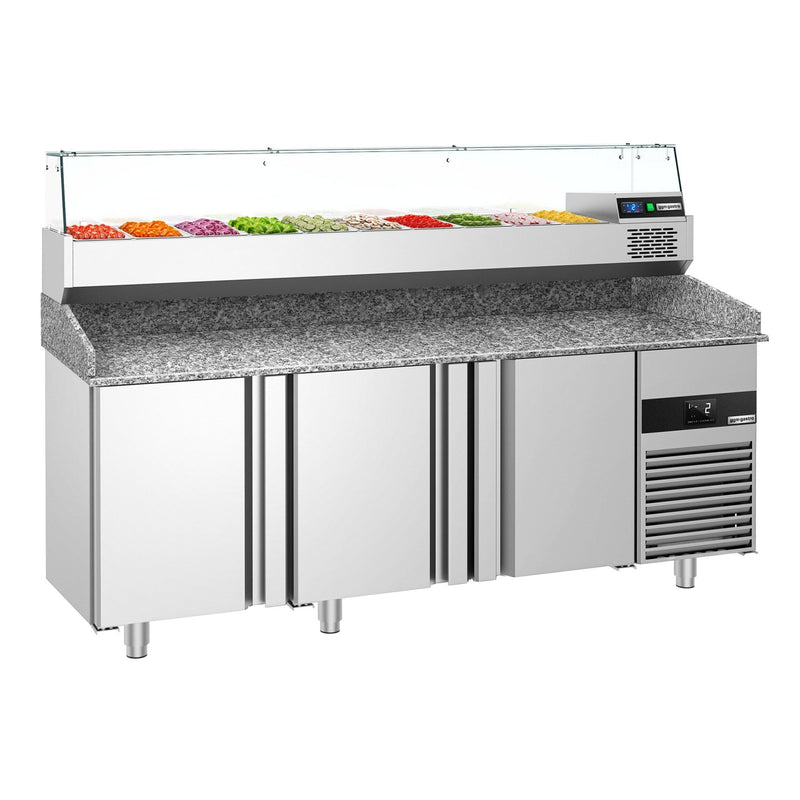 Stół chłodniczy do pizzy PREMIUM - 2100x800mm - z blatem granitowym - 3‑drzwiowy - z nadstawką chłodniczą z osłoną szklaną - 10x GN 1/3