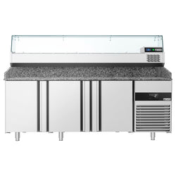 Stół chłodniczy do pizzy PREMIUM - 2100x800mm - z blatem granitowym - 3‑drzwiowy - z nadstawką chłodniczą z osłoną szklaną - 10x GN 1/3