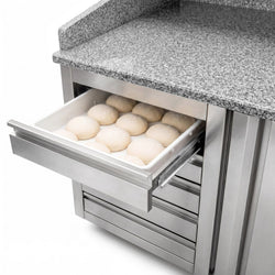 Stół chłodniczy do pizzy PREMIUM - 2100x800mm - z blatem granitowym - 2‑drzwiowy, 5 szuflad - z nadstawką chłodniczą z osłoną szklaną - 10x GN 1/3