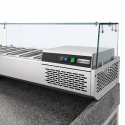 Stół chłodniczy do pizzy PREMIUM - 2150x800mm - z blatem granitowym - 3‑drzwiowy, 3 szuflady - z nadstawką chłodniczą z osłoną szklaną - 10x GN 1/3