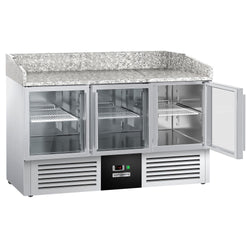Stół chłodniczy do pizzy PREMIUM – 1400 x 700 mm – z 3 drzwiami szklanymi