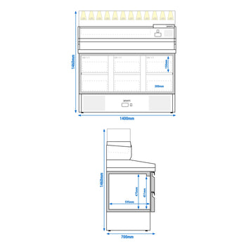 Stół chłodniczy do pizzy PREMIUM - 1400x700mm - z 6 szufladami 1/2 - włącznie z witryną chłodniczą nadstawną GN 1/4 - Prime Gastro