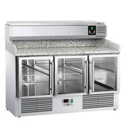Stół chłodniczy do pizzy ECO - 1400x700mm - z blatem granitowym - 3 drzwi przeszklone - z nadstawką chłodniczą - 6x GN 1/4