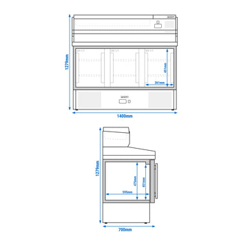 Stół chłodniczy do pizzy PREMIUM - 1400x700mm - 3 szklane drzwi - włącznie z witryną chłodniczą nadstawną - 6x GN 1/4 - Prime Gastro