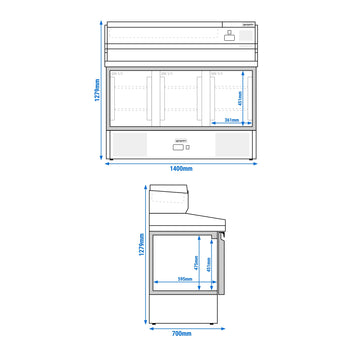 Stół chłodniczy do pizzy PREMIUM - 1400x700mm - 3 drzwi - włącznie z witryną chłodniczą nadstawną - 6x GN 1/4 - Prime Gastro