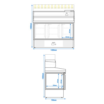 Stół chłodniczy do pizzy PREMIUM - 1400x700mm - 3 drzwi - włącznie z witryną chłodniczą nadstawną - 6x GN 1/4 - Prime Gastro