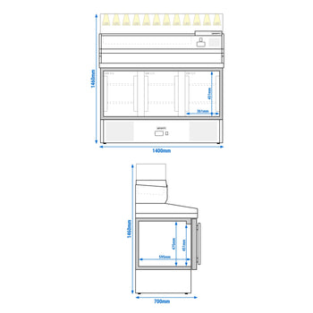 Stół chłodniczy do pizzy PREMIUM - 1400x700mm - 3 szklane drzwi - włącznie z witryną chłodniczą nadstawną - 6x GN 1/4 - Prime Gastro