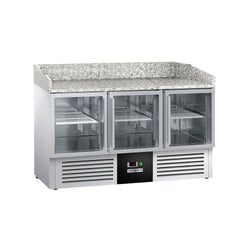 Stół chłodniczy do pizzy PREMIUM - 1400x700mm - z blatem granitowym - 3 drzwi przeszklone