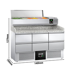 Stół chłodniczy do pizzy PREMIUM - 1400x700mm - z 6 szufladami 1/2 - włącznie z witryną chłodniczą nadstawną GN 1/4