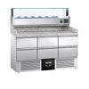 Stół chłodniczy do pizzy PREMIUM – 1400 x 700 mm – z 6 szufladami 1/2 – z witryną nadstawną chłodniczą LED na 6x GN 1/4
