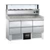 Stół chłodniczy do pizzy PREMIUM – 1400 x 700 mm – z 6 szufladami 1/2 – z witryną nadstawną chłodniczą LED na 6x GN 1/4