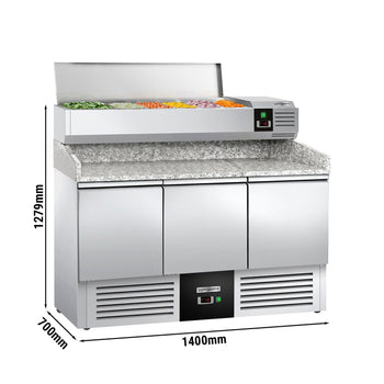Stół chłodniczy do pizzy PREMIUM - 1400x700mm - 3 drzwi - włącznie z witryną chłodniczą nadstawną - 6x GN 1/4 - Prime Gastro