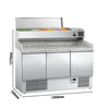 Stół chłodniczy do pizzy ECO – 1400 x 700 mm – z 3 drzwiami – z witryną nadstawną chłodniczą na 6x GN 1/4 z pokrywą ze stali nierdzewnej
