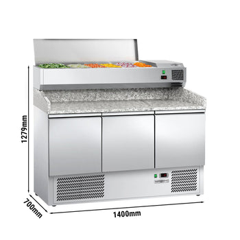 Stół chłodniczy do pizzy ECO - 1400x700mm - z 3 drzwiami - włącznie z witryną chłodniczą nadstawną - 6x GN 1/4 - Prime Gastro