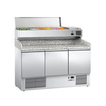 Stół chłodniczy do pizzy ECO - 1400x700mm - z 3 drzwiami - włącznie z witryną chłodniczą nadstawną - 6x GN 1/4 - Prime Gastro