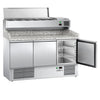 Stół chłodniczy do pizzy ECO – 1400 x 700 mm – z 3 drzwiami – z witryną nadstawną chłodniczą na 6x GN 1/4 z pokrywą ze stali nierdzewnej