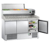 Stół chłodniczy do pizzy ECO – 1400 x 700 mm – z 3 drzwiami – z witryną nadstawną chłodniczą na 6x GN 1/4 z pokrywą ze stali nierdzewnej