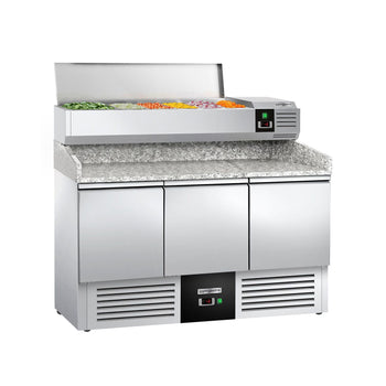 Stół chłodniczy do pizzy PREMIUM - 1400x700mm - 3 drzwi - włącznie z witryną chłodniczą nadstawną - 6x GN 1/4 - Prime Gastro