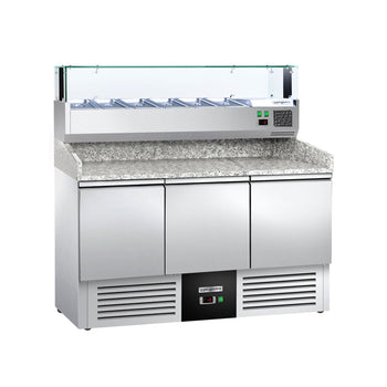 Stół chłodniczy do pizzy PREMIUM - 1400x700mm - 3 drzwi - włącznie z witryną chłodniczą nadstawną - 6x GN 1/4 - Prime Gastro