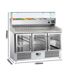 Commercial Pizza Prep Counter - Granite Top ECO - 1400x700mm - with 3 glass doors - incl. refrigerated topping unit with glass sneeze guard - 6x GN 1/4