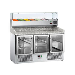 Commercial Pizza Prep Counter - Granite Top ECO - 1400x700mm - with 3 glass doors - incl. refrigerated topping unit with glass sneeze guard - 6x GN 1/4