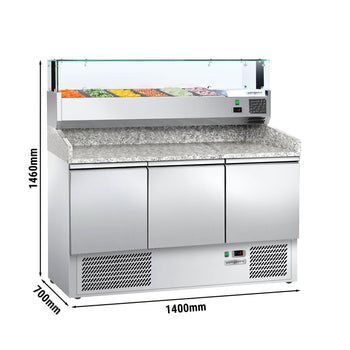 Stół chłodniczy do pizzy ECO - 1400x700mm - z 3 drzwiami - włącznie z witryną chłodniczą nadstawną - 6x GN 1/4 - Prime Gastro