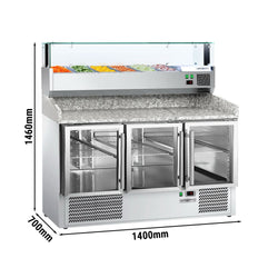 Stół chłodniczy do pizzy ECO - 1400x700mm - z blatem granitowym - 3 drzwi przeszklone - z nadstawką chłodniczą z osłoną szklaną z oświetleniem LED - 6x GN 1/4