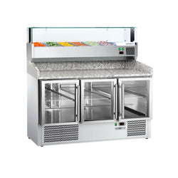 Stół chłodniczy do pizzy ECO - 1400x700mm - z blatem granitowym - 3 drzwi przeszklone - z nadstawką chłodniczą z osłoną szklaną z oświetleniem LED - 6x GN 1/4