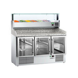 Stół chłodniczy do pizzy PREMIUM - 1400x700mm - z blatem granitowym - 3 drzwi przeszklone - z nadstawką chłodniczą z osłoną szklaną z oświetleniem LED - 6x GN 1/4