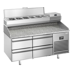 Stół chłodniczy do pizzy PREMIUM PLUS - 1490x700mm - z blatem granitowym - 4 szuflady - z nadstawką chłodniczą - 6x GN 1/4