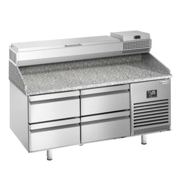 Stół chłodniczy do pizzy PREMIUM PLUS - 1490x700mm - z blatem granitowym - 4 szuflady - z nadstawką chłodniczą - 6x GN 1/4