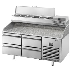 Stół chłodniczy do pizzy PREMIUM PLUS - 1490x700mm - z blatem granitowym - 4 szuflady - z nadstawką chłodniczą - 6x GN 1/4